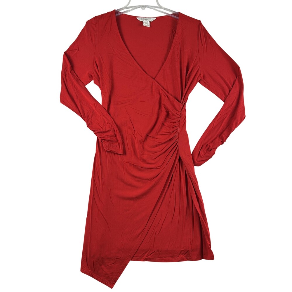 Apricot Dress Womens 10 Red Wrap Bodycon Asymmetric Hem Long Sleeve Jersey Lined